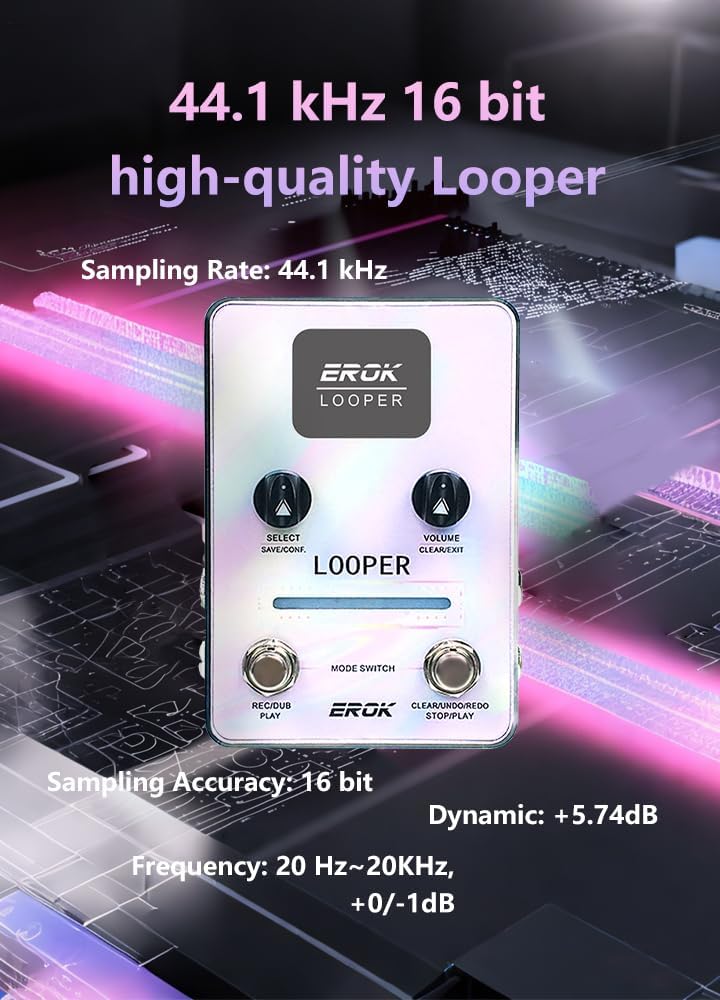 EROK Looper Guitar Pedal, XS-02 Looper Pedal with 40 Slots & 160 Mins Looping Time, LED Progress Light Guitar Loop Pedals with Fade Out, USB Data Transfer for Electric Guitar/Bass (Iridescent) - Image 3